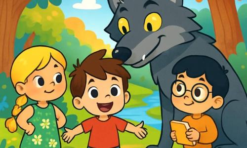 Há 4 personagens: - Lucas: um menino de 5 anos com cabelo castanho bagunçado, vestindo uma camiseta vermelha e um short azul, está no centro, com os braços abertos e um grande sorriso corajoso. - Sofia: uma menina de 5 anos com longos cabelos loiros trançados, vestindo um vestido verde com flores, está à esquerda de Lucas, com as mãos nos quadris, pronta para a aventura. - Miguel: um menino de 5 anos com cabelo preto e óculos redondos, vestido com um suéter laranja e jeans, está à direita de Lucas, segurando um caderno pequeno e observando atentamente o lobo. - O Grande Lobo Mau: um grande lobo cinza com olhos amarelos penetrantes e dentes brancos como pedaços de lua, está atrás das crianças, levemente curvado, com uma expressão curiosa em vez de ameaçadora. O cenário é uma clareira mágica no coração de uma floresta encantada, cercada por árvores majestosas com troncos grossos e folhas brilhando em mil cores sob o sol. Flores multicoloridas cobrem o chão, e um riacho cintilante serpenteia pela clareira, trazendo frescor à atmosfera. A situação principal mostra as crianças diante do Grande Lobo Mau, que lhes propõe um enigma. As crianças têm expressões de determinação e curiosidade, enquanto o lobo, embora grande, parece intrigado e benevolente. A cena transmite uma atmosfera de aventura e magia, onde a amizade e a coragem estão no centro da história.
