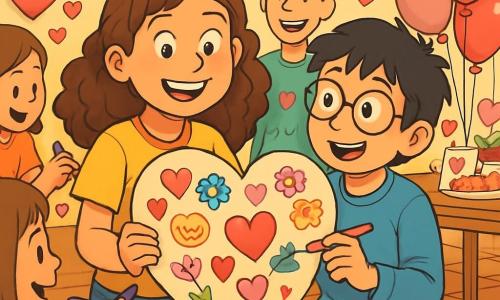 A 12-year-old girl, Ellie, with curly brown hair and sparkling eyes, sits on a wooden bench in a party room decorated with paper hearts and colorful garlands. She smiles enthusiastically, holding a large cardboard heart filled with love messages and drawings. Next to her, Max, a 12-year-old boy with messy black hair and round glasses, admires the heart while holding a colored marker ready to add his own message. They are surrounded by smiling neighbors, all contributing drawings and sweet words to the big heart. The room is filled with pink and red balloons, with tables covered in treats and Valentine's cards, creating a warm and festive atmosphere. The main scene shows Ellie and Max, proud of their creation, bringing the community together in a moment of sharing and happiness.
