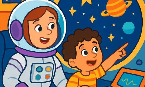 Eine junge Astronautin, Mia, lächelt begeistert in einem glänzenden, bunten silbernen Raumanzug mit lila Details. Sie sitzt in ihrem Cockpit und schaut mit weit aufgerissenen Augen durch ein großes Fenster. Neben ihr zeigt ein 6-jähriges Kind mit lockigen Haaren und einem gestreiften T-Shirt neugierig auf die funkelnden Sterne draußen. Das Cockpit ist mit bunten Knöpfen und leuchtenden Bildschirmen gefüllt, und durch das Fenster sind leuchtende Sterne und bunte Planeten zu sehen. Die Hauptsituation zeigt Mia und das Kind, die das Universum erkunden und von der Schönheit der bunten Sterne und Planeten umgeben sind.