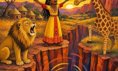 Amina, sorridente e emocionada, cabelos negros trançados com miçangas coloridas, veste um longo vestido amarelo e vermelho, de pé na borda de um precipício com os braços abertos a gritar para o fundo; à esquerda, um leão imponente de pelo dourado sobre uma pedra, olhar benevolente, ruge suavemente; à direita, uma girafa esguia, manchas castanhas e creme, com a pata dianteira numa pequena elevação e a cabeça inclinada como se ouvisse, expressão sábia e curiosa; ao fundo, um pequeno vale africano ao pôr do sol com falésias vermelhas, capim alto dourado, algumas ocas ao longe e céu laranja e violeta; a cena mostra Amina chamando a alegria da borda de um profundo desfiladeiro de paredes estriadas, ecos visíveis como ondas de cor subindo da garganta escura do vale.
