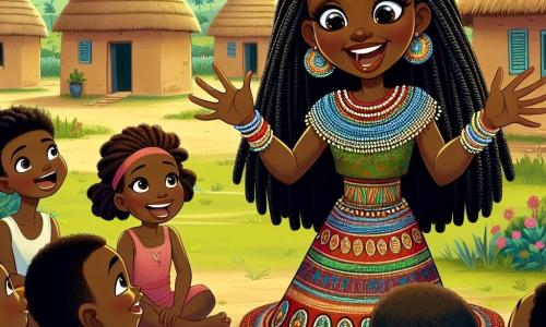 Amina, een Afrikaanse vrouw van ongeveer dertig jaar, staat in het midden van de afbeelding met een brede glimlach op haar gezicht dat straalt van nieuwsgierigheid. Ze heeft lange zwarte gevlochten haren, een kleurrijke jurk versierd met traditionele patronen en glinsterende kralenarmbanden in de zon. Amina vertelt een verhaal aan een groep kinderen, met open armen, terwijl ze hun aandacht vasthoudt. Onder de kinderen is er een 8-jarige jongen met sprankelende ogen en een goudenbruine huid, die verwonderd naar haar luistert, zittend op het gras aan haar voeten. Een 6-jarig meisje met vlechten en een roze jurk lacht vrolijk terwijl ze naar het verhaal luistert, naast hem zittend. De scène speelt zich af op een plein in het dorp Kijiji, omringd door lemen huizen met rieten daken, met weelderige bomen die zachtjes in de bries dansen. De grond is bedekt met groen gras en kleurrijke bloemen, terwijl een grote baobab majestueus op de achtergrond staat. Amina vertelt een fascinerend verhaal, omringd door verwonderde kinderen die in een cirkel om haar heen zitten, wat een warme en vrolijke sfeer creëert, vol met lachen en ontdekkingen.