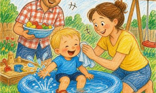 Ein fröhlicher zweijähriger Junge mit kurzen blonden Haaren, rundlichen Wangen, blauem T‑Shirt, pummeligen Beinen und roten Sandalen sitzt mit den Füßen im kleinen aufblasbaren Planschbecken und planscht; rechts kniet eine lächelnde, aufmerksame Frau und wischt ihm mit einem weichen Tuch eine Wassertropfen ab; hinter dem Becken steht ein lächelnder Mann mit leichter Schirmmütze und karierter Hemd, hält eine Schüssel mit geschnittenem Obst; Garten mit grüner Rasenfläche, gelben Blumen, Sandkasten und Holzschaukel im Hintergrund, warme Morgenbeleuchtung, hellblauer Himmel mit stilisiertem Vogel; runde, glänzende, durchscheinende Spritzer, Lachen angedeutet durch kleine gebogene Striche, sanft-sichere Sommerstimmung; Stil: kräftige Bleistiftstriche, leuchtende Farben, leicht unregelmäßige Konturen, sichtbare Papiertextur.