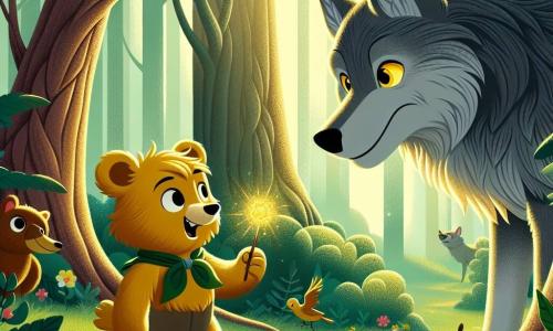 En el centro de la imagen, un pequeño oso dorado llamado Bruno, con un pelaje brillante y ojos llenos de curiosidad, se enfrenta valientemente a un gran lobo gris, cuyos ojos brillan con una luz triste. Bruno tiene una expresión decidida y sostiene un pequeño bastón mágico que emite una suave luz dorada. A la izquierda, el lobo, llamado Lupo, tiene un pelaje grisáceo y rasgos majestuosos, pero su mirada está impregnada de melancolía. Se mantiene ligeramente encorvado, como si dudara en avanzar, mientras lágrimas de alegría comienzan a brotar de sus ojos. El escenario se encuentra en un bosque encantado, donde grandes árboles de troncos retorcidos se elevan hacia el cielo, con hojas verdes vibrantes que se mueven con el viento. Rayos de sol atraviesan las ramas, iluminando el suelo cubierto de flores coloridas y helechos. La situación principal muestra a Bruno y Lupo frente a frente, en un momento de conexión mágica, mientras otros animales del bosque se acercan tímidamente, curiosos por descubrir la verdadera naturaleza de Lupo. La atmósfera es a la vez tensa y llena de esperanza, simbolizando el comienzo de una hermosa amistad.
