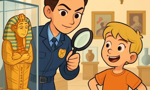 Una detective donna, Clara, di circa 30 anni, con capelli castani raccolti a chignon, indossa una giacca di polizia blu scuro e un distintivo lucente. Ha uno sguardo determinato e sicuro, con un leggero sorriso, mentre esamina attentamente un antico artefatto egiziano in una sala del museo. Accanto a lei, un ragazzo di 10 anni, Marco, con capelli biondi e occhi brillanti, osserva con fascinazione, le mani sui fianchi, pieno di ammirazione per Clara. Il museo è spazioso, con muri bianchi decorati da quadri storici, vetrine in vetro contenenti oggetti antichi e un grande lampadario appeso al soffitto. La luce soffusa del giorno filtra attraverso grandi finestre, creando un'atmosfera calda e accogliente. Clara e Marco sono in piena indagine, Clara tiene una lente d'ingrandimento, scrutando i dettagli dell'artefatto rubato, mentre Marco indica un'impronta di piede nella polvere, con un'espressione eccitata e curiosa.