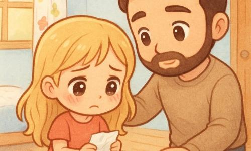 Sunt trei personaje: Maria, fată de ~8 ani cu păr blond până la umeri, obraji înroșiți, ochi mari, șezând pe marginea unui pat într-o cameră luminoasă ținând un bilet mototolit, privirea în jos către tată; tatăl, bărbat ~35 ani, păr brun, barbă scurtă, expresie blândă dar serioasă, stând lângă pat cu o mână pe umărul Mariei pentru a o liniști; prietena Ioana, fată ~8 ani cu păr brun împletit, privire compătimitoare, stând ușor în spate lângă ușă cu mâinile împreunate. Loc: cameră de copil luminoasă cu pereți pastel (albastru pal), fereastră cu perdea cu flori, pat cu pătură cu stele, masă cu creioane și caiet deschis, parchet deschis — atmosferă caldă și intimă. Situație: moment de adevăr — Maria mărturisește că a falsificat semnătura, biletul mototolit e vizibil, rușine pe fața ei, tatăl ascultă cu înțelegere, prietena susține în tăcere; compoziție strânsă, plan apropiat pe fețele celor trei, culori blânde, linii rotunjite și textură acuarelă creion pentru un ton tandru și liniștitor.