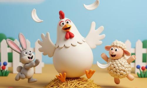 A round plump hen with textured white feathers, a shiny orange beak and expressive round eyes looking joyful and slightly surprised twirls on one leg with wings slightly spread and a few feathers in motion; a small fluffy gray rabbit with large pink ears smiles and hops to the hen’s left, clapping with its paws; a woolly sheep with thick cream curls and a gentle smiling face jumps slightly to the hen’s right, laughing; sunny farmyard setting with ochre dirt, a golden hay pile, a white wooden fence, low red and blue flowers and a light blue sky; the hen slips and gently falls into the small hay pile while her friends laugh and dance around, playful atmosphere, bright colors, rounded shapes and soft lighting with gentle shadows.
