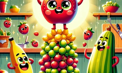 In der Mitte des Bildes steht ein fröhlicher, leuchtend roter Apfel namens Anton, mit funkelnden Augen und einem großen Lächeln, stolz auf der Spitze eines instabilen Obstturms, die Arme zum Sieg erhoben. Neben ihm jongliert eine gelbe Banane mit kleinen Trauben, während eine grüne Melone mit entschlossenem Blick die Basis des Turms mit ihren muskulösen Armen stützt. Die Szene spielt in einer hellen Küche mit lebendigen Farben: einer großen Holzarbeitsplatte, glänzendem Küchengerät und einer Sonne, die durch ein Fenster strahlt und die Szenerie erhellt. Anton und seine Freunde feiern gemeinsam ihren unglaublichen Erfolg, nachdem sie einen beeindruckenden und bunten „Frucht-Turm“ von einem Meter Höhe gebaut haben, der die Schwerkraft und Logik herausfordert und dabei Spaß haben.