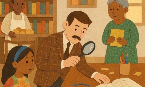 Un detective adulto con bigote, chaqueta marrón a cuadros, arrodillado con una pequeña lupa examinando una fibra azul en el suelo; a su derecha, algo retirado, una bibliotecaria de unos 50 años con moño gris y vestido verde estampado sostiene con suavidad el Marcador de Oro brillante; cerca de la esquina izquierda de la mesa, Lila, niña de 9 años con vestido colorido manchado de cola y una amplia cinta azul en el pelo, mira sosteniendo una hoja decorada; al fondo, el panadero Don Ramiro, de unos 60 años, con delantal blanco manchado de harina y una caja abierta de bollos con migas visibles, junto a un carro de provisiones; biblioteca interior con grandes estanterías de madera llenas de libros ilustrados, una gran ventana con un rayo de sol, mesa central con libro de firmas abierto, lápices en un bote, migas de pastel, papeles de colores y una pequeña bolsa de tela azul en el suelo; momento de descubrimiento apacible: el mensajero no aparece pero el Marcador de Oro acaba de ser devuelto y el detective examina las pistas (fibra azul, miga de bollo); composición clara, colores cálidos, texturas de papel recortado y contrastes marcados entre oro brillante, azul textil y migas blancas.