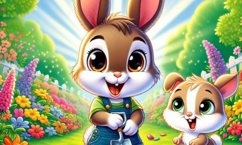 Ein kleiner Hase namens Felix mit weichem, braunem Fell, großen, ausdrucksvollen Ohren und funkelnden, freudigen Augen pflanzt Samen in einem bunten Garten. Er lächelt breit, voller Aufregung und Neugier, mit einer kleinen Schaufel in seinen Pfoten. Neben ihm schaut sein Bruder Max, ein junger Hase mit hellem Fell und runden Wangen, bewundernd mit weit aufgerissenen Augen und hält einen kleinen Blumenstängel. Im Hintergrund beobachtet eine liebevolle und fürsorgliche Hasenmutter stolz mit verschränkten Armen und einem warmen Lächeln auf dem Gesicht. Der Garten ist voller leuchtender Blumen in lebhaften Farben, üppigem Grün und Sonnenstrahlen, die durch die Bäume filtern und eine fröhliche, frühlingshafte Atmosphäre schaffen. Die Szene zeigt Felix und Max, die die Magie des Gärtnerns entdecken, umgeben von der Schönheit des Frühlings.