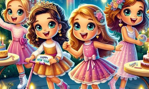 Quattro ragazze felici si trovano al centro di un giardino illuminato da lanterne colorate. Sofia, una bambina di sette anni con capelli castani e ricci, sorride ampiamente mentre tiene un grande cartello "Buon Anno!" decorato con paillettes. Alla sua destra, Giulia, anch'essa di sette anni, ha i capelli biondi e indossa un vestito rosa, danza con entusiasmo al ritmo della musica. A sinistra, Marta, una bambina di sette anni con capelli castani e occhiali, racconta una storia gesticolando con mani espressive. Infine, Chiara, una bambina di sette anni con capelli neri e lisci, è sulla sua trottinette, pronta a mostrare i suoi talenti. Il giardino è decorato con ghirlande luminose e tavoli pieni di dolci. Le stelle brillano nel cielo notturno, aggiungendo un tocco magico all'atmosfera. Le ragazze stanno celebrando il Capodanno, circondate dalle loro famiglie, ridendo e ballando insieme, mentre un fuoco d'artificio esplode nel cielo, illuminando i loro volti felici.