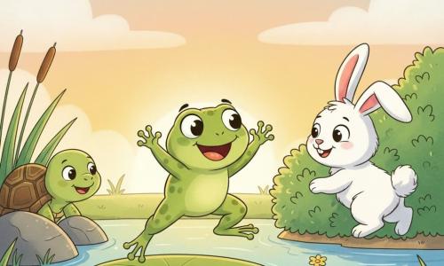 A small green frog named Freddy, joyful and surprised with round shiny eyes and smooth skin with light spots, jumping off a large lily pad laughing; Tilly the turtle, small brown-green striped shell, shy and smiling, partially hidden behind a large rock on the left with her head just peeking; Benny the rabbit, soft white with large pink ears, playful, hiding behind a dense bush on the right with his pompom tail visible; sunny pond setting with sparkling water, lily pads, yellow flowers, a rounded rock, a bush and reeds, sunset sky; main scene: a joyful game of hide-and-seek as Freddy discovers Benny wriggling behind the bush, bright expressions and motion, warm playful mood; colorful style, simple lines and clean outlines, bright palette suitable for toddlers.