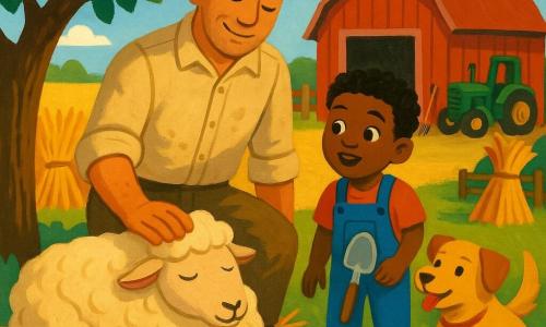 Tom, a warm, serene man with work-worn hands and a slight smile, wearing a dirty beige flannel shirt and canvas trousers, gently rests a hand on a lying sheep while looking at her kindly; an about-8-year-old boy with short curly hair and a look of wonder, in blue overalls, stands to Tom's right holding a small seed shovel and watching the sheep; a golden female dog named Poppy lies near their feet, alert and wagging her tail; the sheep Daisy, cream-colored wool slightly tangled, lies on a straw mattress under a shady apple tree, eyes half-closed and breathing calmly; the scene is at the edge of a golden wheat field with tied sheaves near an open red wooden barn, an old wooden fence, clear blue sky with a few white clouds, hay and tools by a shiny green tractor, evoking the calm late-afternoon light after the harvest, warm sunset glow gilding the sheaves and long shadows, composition centered on Tom's protective gesture, the curious boy, and the reassured sheep.