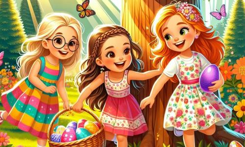 In einem sonnigen Garten sind drei Mädchen, Leni, Mia und Emma, versammelt. Leni, ein 7-jähriges Mädchen mit blonden Haaren und runden Brillen, hockt neben einem großen Baum und sucht nach bunten Eiern. Neben ihr hält Mia, ein 6-jähriges Mädchen mit geflochtenen braunen Haaren und einem strahlenden Lächeln, einen Korb voller glänzender Eier. Emma, die kleinste mit 5 Jahren, hat rote Haare und trägt ein blumiges Kleid, während sie fröhlich mit einem lila Ei in der Hand tanzt. Der Garten ist voller bunten Blumen, großen grünen Bäumen und Sonnenstrahlen, die durch die Blätter filtern. Schmetterlinge fliegen um sie herum und verleihen der Szene einen magischen Touch. Die Mädchen feiern die Ostereiersuche und suchen begeistert nach den versteckten Eiern, während sie zusammen lachen und Spaß haben.