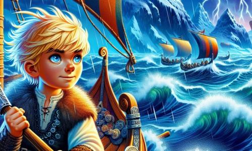 Un tânăr viking pe nume Eirik, în vârstă de aproximativ 12 ani, stă pe prova drakkarului său, cu părul blond zbârlit și ochii strălucind de determinare. Fața lui este marcată de o expresie de curaj și excitație, în timp ce mânuie o mică secure din lemn, pregătit să înfrunte necunoscutul. Lângă el, tatăl său Olaf, un bărbat robust de aproximativ 40 de ani, cu o barbă lungă albă și ochi înțelepți, observă orizontul cu o expresie îngrijorată, ținându-se ferm de timonă. Drakkarul navighează pe ape tumultoase, înconjurat de valuri furioase și ceață argintie, în timp ce munți acoperiți de zăpadă se ridică măreț în fundal, sub un cer furtunos. Fulgerul luminează scena, adăugând o atmosferă dramatică. Eirik, stând pe drakkar, este pregătit să înfrunte furtuna care se profilează la orizont, simbolizând călătoria sa curajoasă spre necunoscut și aventurile care îl așteaptă.