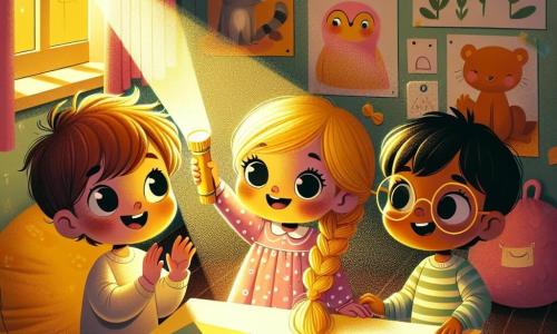 En una acogedora aula, tres niños están reunidos alrededor de una pequeña mesa. A la izquierda, Pablo, un niño de cuatro años con cabello castaño desordenado y ojos llenos de curiosidad, sostiene una pequeña linterna encendida que ilumina su rostro sonriente. En el centro, Lía, una niña de cuatro años con largas trenzas rubias y un vestido rosa, observa la luz con asombro, sus ojos brillando de valentía. A la derecha, Miguel, un niño de cuatro años con cabello negro y gafas redondas, sonríe mientras señala las sombras proyectadas en la pared, fascinado por el juego de luces.

El aula está decorada con dibujos coloridos en las paredes, libros apilados en estanterías y cojines suaves en el suelo. La suave luz de la linterna crea un ambiente cálido, contrastando con las sombras danzantes que se forman a su alrededor.

Los niños están jugando a explorar su imaginación, recordando la historia de Rocco, el pequeño mapache que venció su miedo a la oscuridad. Se ríen y se animan mutuamente, transformando su miedo en una alegre aventura, iluminada por la luz de la linterna.
