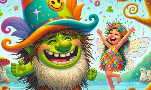 Un troll alegre llamado Trolito, con piel verde y cabello desordenado de color marrón, lleva un gran sombrero mágico adornado con colores vivos. Sonríe ampliamente, con sus ojos brillando de felicidad, mientras sostiene un pastel en forma de sonrisa en sus manos. A su lado, Lulú, una pequeña duende de cabello dorado y alas brillantes, baila con entusiasmo, vestida con un vestido colorido hecho de pétalos de flores. El decorado está al borde del Lago de los Peces Chistosos, donde el agua brilla bajo el sol, rodeada de flores multicolores que parecen cantar. Árboles con troncos en espiral y hojas en forma de corazón añaden un toque mágico al entorno. La escena muestra a Trolito y Lulú riendo juntos, rodeados de animales divertidos, mientras un pez gigante salpica el agua al saltar, creando un ambiente festivo y colorido.