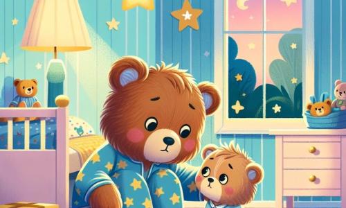 Un piccolo orsetto di peluche di nome Leo, con un morbido pelo marrone e occhi rotondi e brillanti, è seduto sul suo letto, apparendo preoccupato e curioso. Indossa un pigiama blu decorato con stelle gialle, stringendo forte il suo orsetto di stoffa contro il petto. Accanto a lui, la sua mamma orsa, alta e calorosa, con un pelo più chiaro e un sorriso rassicurante, si accovaccia vicino al suo letto, con un'espressione affettuosa e protettiva. Gli accarezza dolcemente la testa, offrendogli conforto e sicurezza. La scena si svolge in una piccola cameretta accogliente, con pareti dipinte di blu pastello, una lampada a forma di stella che illumina dolcemente e giocattoli sparsi sul pavimento. Leo e la sua mamma esaminano insieme la stanza, cercando di dissipare le paure dell'orsetto. La luce soffusa crea un'atmosfera calda, mentre l'ombra dei mobili danza sulle pareti, rendendo la stanza sia familiare che magica.