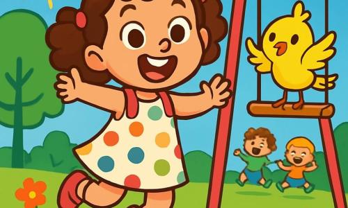 Uma menina de 4 anos, com cabelos cacheados e suspensórios rosas, salta alegremente, seu rosto radiante de excitação e determinação. Ela usa um vestido de bolinhas coloridas e seus olhos brilham de entusiasmo. Ao lado dela, um pequeno pássaro amarelo chamado Tito, com penas brilhantes, a incentiva batendo as asas, empoleirado em um balanço de madeira. Ao fundo, um parque ensolarado com árvores verdes, flores coloridas e um céu azul vivo, onde crianças brincam e riem. A cena principal mostra Lila pronta para enfrentar o desafio de pular tão alto quanto um coelhinho, com um grande sorriso no rosto, cercada por uma atmosfera alegre e lúdica.