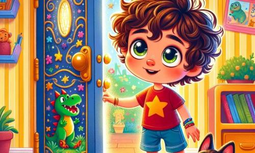 Un niño de 4 años, Lucas, con cabello castaño y rizado, grandes ojos llenos de curiosidad, se encuentra frente a una puerta mágica. Lleva una camiseta roja con estrellas y un pantalón corto azul, y su rostro expresa emoción y un poco de nerviosismo. A su lado, un pequeño gato negro con ojos verdes, llamado Minou, observa la puerta con curiosidad, con las orejas en alto. El ambiente es una habitación infantil alegre, con paredes pintadas de amarillo, juguetes esparcidos por el suelo y pósters de dinosaurios colgados. La puerta, pequeña y brillante, está adornada con motivos coloridos y brillantes, emitiendo una suave luz. Lucas, con una sonrisa maravillada, extiende la mano para tocar la puerta, listo para descubrir las aventuras que le esperan detrás.
