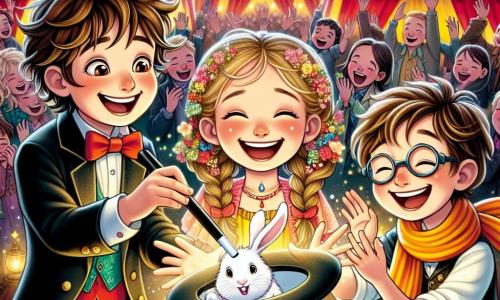 Al centro dell'immagine, Marco, un ragazzo di 10 anni con capelli castani e un grande sorriso, sta facendo un trucco di magia con un cilindro nero. A destra, Sofia, una ragazza di 9 anni con capelli biondi intrecciati e un vestito colorato, guarda con meraviglia tenendo un coniglietto bianco tra le braccia. A sinistra, Luca, un ragazzo di 10 anni con occhiali e capelli castani, ride allegramente mentre tiene un fazzoletto colorato, pronto a partecipare al numero. Il contesto è un circo vivace, con tende rosse e gialle, luci scintillanti e palloncini nell'aria. Sullo sfondo, un pubblico entusiasta applaude, con volti illuminati dalla gioia. La scena principale mostra Marco, Sofia e Luca che realizzano un numero di magia insieme, circondati da un'atmosfera festosa, dove magia e amicizia si fondono in un'esplosione di colori e risate.