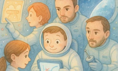 Un uomo astronauta dal viso rotondo e sorriso timido, occhi curiosi, veste una tuta spaziale bianca con cuciture blu e tiene una tavoletta con una traiettoria disegnata in blu mentre la osserva; a sinistra Nina (circa 30 anni), viso calmo e capelli corti rossi, indica con una mano guantata lo schermo mostrando i motori vicino a un pannello luminoso; a destra Luca (circa 32 anni), serio e con barba corta, tiene un’antenna miniatura e guarda i grafici, leggermente inclinato verso l’astronauta; davanti a lui Anna (circa 28 anni), sorriso dolce e capelli raccolti, seduta a una console mostra con uno stilo i numeri sullo schermo; interno di una cabina spaziale arrotondata con pareti metalliche blu pallido, pulsanti colorati, schermi rettangolari con linee e numeri, luci lampeggianti e un oblò che mostra un angolo di Terra blu; situazione collaborativa e rassicurante: il team corregge insieme la traiettoria blu sulla tavoletta, si vede una piccola linea rossa cancellata e sostituita da una curva morbida, gesti calmi e sguardi concentrati.