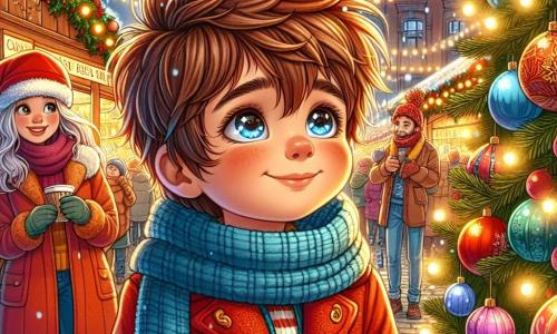 Ein kleiner Junge von 3 Jahren, Max, mit zerzausten kastanienbraunen Haaren und roten Wangen, schaut mit Staunen einen großen Weihnachtsbaum an, der mit funkelnden Lichtern und bunten Kugeln dekoriert ist. Er trägt einen leuchtend roten Mantel und einen blauen Schal, seine Augen strahlen vor Freude und Aufregung. Neben ihm steht seine Mama, eine Frau in ihren Dreißigern mit langen braunen Haaren und einem warmen Lächeln, die eine Tasse heiße Schokolade hält und ihren Sohn liebevoll beobachtet. Sein Papa, ein Mann in seinen Dreißigern mit einem leichten Bart und einer Weihnachtsmütze, macht ein Foto von Max vor dem Baum und lacht fröhlich. Der Ort ist ein lebhafter Weihnachtsmarkt, gefüllt mit Holzständen, die mit Lichtern geschmückt sind, sanft fallenden Schneeflocken und lächelnden Familien, die spazieren gehen. Die Luft ist erfüllt von Gerüchen nach Lebkuchen und heißen Maronen. Die Hauptsituation zeigt Max, der begeistert die Arme in die Luft hebt, als wollte er die funkelnden Sterne am Nachthimmel fangen, während ihn seine Familie umgibt und diesen magischen Weihnachtsmoment teilt.