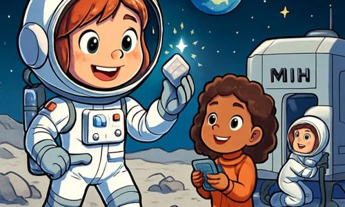 O tânără astronaută, Mia, stă pe suprafața lunară, îmbrăcată într-un costum spațial alb și argintiu, cu o cască strălucitoare care reflectă stelele. Fața ei este luminată de un zâmbet uimit, iar ochii îi strălucesc de curiozitate și excitație în timp ce ține în mână o piatră lunară strălucitoare. Aproape de ea, cea mai bună prietenă, Zoe, o fetiță de 10 ani cu părul creț și brun, o observă cu admirație, ținând un mic aparat de comunicație, pregătită să o ajute. Peisajul lunar este spectaculos, cu un sol gri și prăfuit presărat cu cratere și roci strălucitoare sub un cer negru plin de stele, unde Pământul apare ca o bilă albastră luminoasă. Situația principală o arată pe Mia reparând un cablu pe un laborator lunar, înconjurată de lumini intermitente și panouri tehnologice, în timp ce zâmbește mândră, pregătită să facă față provocării.