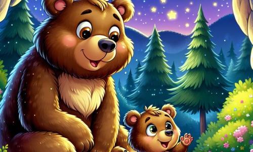 Um pequeno urso pardo, chamado Tico, com pelagem macia e olhos redondos e curiosos, está sentado na entrada de sua caverna, exibindo uma expressão de surpresa e excitação. Ele observa atentamente a floresta noturna, com as orelhas em pé e o nariz pequeno tremendo. Ao lado dele, sua mamãe urso, grande e protetora, com pelagem mais escura e olhos calorosos, sorri ternamente, sentada sobre as patas traseiras. Ela lhe mostra as estrelas cintilantes no céu, compartilhando um momento de cumplicidade. A cena acontece em uma floresta mágica, onde árvores majestosas se erguem sob um céu estrelado, iluminado pela lua brilhante. Flores coloridas e arbustos verdejantes cercam a caverna, criando uma atmosfera pacífica e acolhedora. Tico e sua mamãe urso descobrem juntos os sons misteriosos da noite, transformando o medo em curiosidade e encantamento.