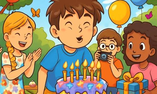 A 12-year-old boy named Oliver stands at the center of the scene, with a big, radiant smile on his face. He has messy brown hair and wears a bright blue t-shirt and yellow shorts. His eyes sparkle with excitement as he blows out twelve candles on a giant birthday cake decorated with colorful frosting and small sugar stars. To his right, Sarah, an 11-year-old girl with long braided blonde hair, enthusiastically claps, dressed in a colorful floral dress. To his left, Jake, a 12-year-old boy with brown hair and round glasses, holds a camera, ready to capture this magical moment. Finally, Mia, an 11-year-old girl with curly hair and a pink t-shirt, leans forward, her eyes wide with joy, holding a colorful gift in her hands. The scene takes place in Oliver's garden, decorated with colorful balloons floating in the air and shimmering garlands hanging from the trees. Picnic tables are scattered with cakes, drinks, and games. The main situation shows Oliver surrounded by his friends, all laughing and celebrating together, as a gentle breeze makes the balloons dance and colorful butterflies flutter around them, adding a touch of magic to this unforgettable birthday party.