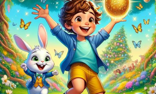 An 8-year-old boy named Oliver, with curly brown hair and a big smile, stands in the center of a magical garden, arms raised in victory after finding a shining golden egg. He wears a blue t-shirt and yellow shorts, and his face radiates excitement and joy. Next to him, a small white rabbit named Mr. Whiskers, dressed in a blue jacket, joyfully hops, his large ears upright and his eyes sparkling with mischief, slightly behind Oliver, looking at him proudly. In the background, the garden is filled with colorful flowers with shimmering petals, butterflies fluttering in the air, and brightly patterned Easter eggs hidden among the lush bushes. A majestic oak tree stands in the center, its extended branches providing soft shade. The main scene shows Oliver discovering a sparkling golden egg under a bush, surrounded by an enchanted atmosphere where the magic of Easter comes to life with bursts of light and vibrant colors.