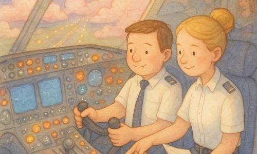 Mężczyzna-pilot ok. 35 lat, okrągła twarz, jasna karnacja, krótkie brązowe włosy, spokojny skupiony wyraz twarzy i delikatny uśmiech, trzyma miękko stery i patrzy na przyrządy; kobieta-kopilotka ok. 33 lata, blond włosy w kok, blada cera, pewny i życzliwy wyraz, siedzi po jego prawej, sprawdza papierową checklistę i wskazuje przycisk obok niego; w tle rozmyte sylwetki pasażerów czytających lub patrzących przez okno; kokpit ciepło oświetlony przez wielobarwne okrągłe lampki, miękkie niebieskie ekrany i świecące wskaźniki, akwarelowe tekstury i białe refleksy na przyciskach; przez przednią szybę różowe i białe chmury jak poduszki, niżej pas startowy z żółto-białymi lampkami migoczącymi jak gwiazdy; scena przedstawia spokojne lądowanie o zmierzchu, kojącą atmosferę, precyzyjne gesty i spokojną współpracę pilota i kopilotki.