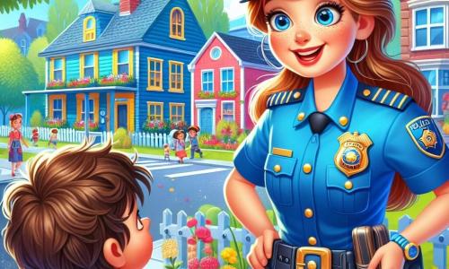 Una giovane poliziotta, Sara, è in piedi con un grande sorriso sul viso, indossando un uniforme blu brillante e un berretto lucido. I suoi occhi brillano di gioia e determinazione mentre saluta i residenti del quartiere. Accanto a lei, un ragazzo curioso di nome Luca, di 6 anni, con i capelli castani in disordine e una maglietta rossa, la osserva con ammirazione, le mani sui fianchi, in piedi sul marciapiede. La scena si svolge in una strada animata, fiancheggiata da case colorate con giardini fioriti, dove i bambini giocano e gli uccelli cantano. Sullo sfondo, un maestoso albero offre ombra, e un piccolo cane gioca nell'erba. Sara spiega a Luca cosa significa essere poliziotta, mentre lui la ascolta attentamente, con gli occhi spalancati dalla curiosità.