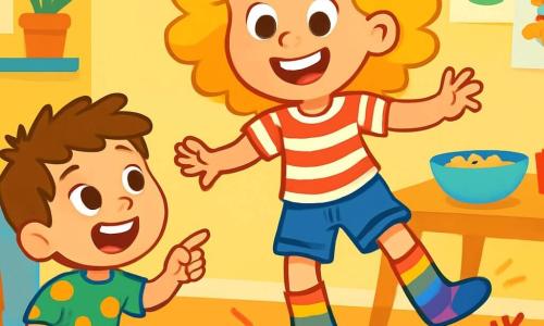 A young girl, Sally, with curly golden hair, is wearing a striped t-shirt and denim shorts. She has a big joyful smile and sparkling eyes full of excitement. Her rainbow socks shine and seem to bounce around her feet, making funny honking sounds. Next to her is her 5-year-old little brother, Max, with messy brown hair and a polka dot t-shirt, looking at Sally with wide eyes, laughing and pointing at the socks. They are in a bright and colorful kitchen, with yellow walls, a wooden table, and animal drawings on the wall. In this scene, Sally is trying to have breakfast, but her superhero socks are making her jump in the air, creating a hilarious and magical moment.