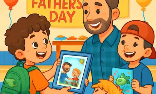 There are 4 characters: Max, an 8-year-old boy with curly hair and a green backpack covered in dinosaur stickers, joyfully holding a colorful photo frame; Mr. Parker, a man around 40 with slightly graying brown hair and a well-groomed beard, wearing a blue plaid shirt and beige pants, smiling proudly at his son; Charlie, an 8-year-old boy with messy blonde hair and a red t-shirt, laughing while sitting on the grass with a football-shaped card in hand; and Sam, an 8-year-old boy wearing a red cap backward and a blue t-shirt, standing with a decorated fishing card and a big smile. The setting is a gym decorated for Father's Day, with colorful banners hanging from the ceiling, tables filled with treats, and a large sign saying 