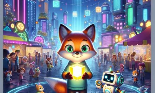 In the center of the image, a small fox named Felix, with shiny silver fur and sparkling emerald eyes full of curiosity, stands on his hind legs, holding a glowing cube in his front paws, his face illuminated with wonder and determination. Next to him is a robot named Rolo, with rounded shapes and bright colors, featuring glowing eyes and a wide smile, scanning the cube with its mechanical arms, displaying an expression of excitement and enthusiasm. In the background, the scene takes place in a futuristic park in Technotropolis, filled with sparkling skyscrapers, hanging gardens, and glowing paths, where families gather around colorful stalls during a lively technology fair. The main situation shows Felix and Rolo, surrounded by an amazed crowd, revealing the Glow Cube that emits a soft light, symbolizing hope and innovation, as children and adults watch them with admiration, ready to discover the wonders of their futuristic city.
