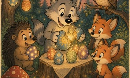 Light-gray wolf pup (soft fur, fine tail stripes, round muzzle) smiling calmly, standing on a large stump used as a table, gently holding a painted egg with a cracked sun that emits a small floating golden light; left, a small brown hedgehog (soft round quills, shy bright eyes) holds an egg now dotted with glowing spots, looking amazed; right, two young orange foxes (large mischievous ears) stand respectfully back, observing; a small tawny owl (comically round) perched on a low branch behind the stump, attentive; twilight forest clearing with textured green grass, large red-and-white mushrooms, lush ferns, a few low branches hung with painted eggs, a light linen cloth on the stump, small lantern-eggs floating like fireflies, low silver moon; main scene: sharing of eggs — the pup gently breaks the sun egg and a soft golden light spreads in sparks that adhere to other eggs, repairing and brightening them, warm expressions, spring pastel palette, bold black outlines, old-paper texture, tender magical atmosphere.
