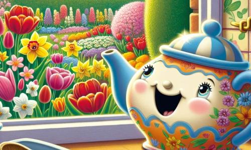 Tippy, a small colorful porcelain teapot with a smiling face and sparkling eyes, sits on a windowsill, gazing in wonder at the blooming garden. It expresses joy and excitement, with its handles and lid slightly tilted as if dancing with happiness. Next to Tippy, an old wooden spoon with a rough texture and a kind smile observes the scene tenderly from the kitchen table, sharing Tippy's joy. The garden is a living painting, filled with vibrant flowers: red tulips, yellow daffodils, and purple violets, under a clear blue sky dotted with fluffy white clouds. Sunlight illuminates the garden, creating a warm and cheerful atmosphere. In this scene, Tippy admires the colorful spectacle of the blooming garden, while the family's children enthusiastically plant seeds in the background, adding life and movement to this beautiful spring day.