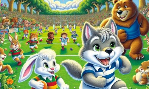 Wally, a small wolf with silver fur and bright, joyful eyes, runs enthusiastically on the rugby field with a ball under his arm and a big smile on his face. Benny, a massive bear with brown fur and warm eyes, stands on the side, encouraging Wally with a big smile and open arms, ready to congratulate him. Rosie, a small rabbit with big ears and white fur, jumps for joy next to Benny, her eyes sparkling with excitement, holding a small sign that says "GO!" in bright colors. The setting is a vast sunlit green field surrounded by majestic trees and colorful flowers, where other animals gather to watch the match, creating a festive and joyful atmosphere. The scene captures Wally in action, running toward the finish line to score a try, while his friends cheer him on, embodying the spirit of teamwork and the joy of sports.