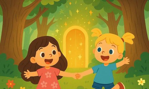 Twee hoofdpersonages: Lila, een 3-jarig meisje met lang bruin haar en sprankelende ogen, draagt een roze jurk met bloemenpatronen. Ze staat links met uitgestrekte armen en een grote glimlach, vol enthousiasme. Rechts van haar staat Mieke, een ander 3-jarig meisje met blonde staarten en blauwe ogen. Ze draagt een blauwe tuniek en een spijkerbroekshort, terwijl ze van blijdschap springt. De scène speelt zich af in een oud eikenbos met majestueuze bomen, dikke stammen en glanzende groene bladeren die in de wind dansen. Zonne-stralen filteren door het loof en creëren zachte schaduwen op de met mos en kleurrijke wilde bloemen bedekte grond. In het midden van de scène is een schitterende magische deur zichtbaar, omringd door gouden licht. Lila en Mieke, verwonderd, houden elkaars hand vast voor de magische deur, klaar om een wereld van tijdreizen binnen te gaan, met sterren en lichtflitsen die om hen heen zweven, wat het avontuur symboliseert dat hen te wachten staat.