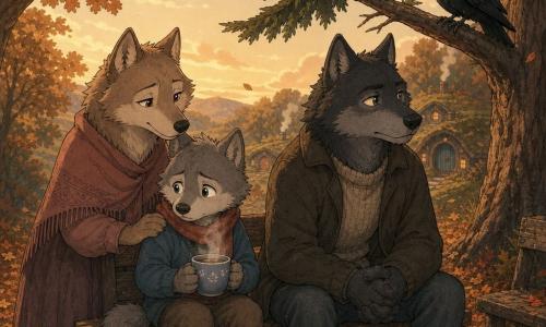 O personagem principal é um pequeno lobo antropomórfico chamado Lino, rosto redondo, pelagem cinza macia, olhos grandes e brilhantes, expressão triste e curiosa; ele está sentado num banco de madeira, ombros levemente curvados, segurando uma xícara de chá fumegante; a mãe é uma loba de pelagem castanho-claro, olhar calmo e terno, em pé ao lado do banco com uma pata sobre o ombro de Lino oferecendo conforto; o pai é maior, pelagem mais escura, olhar sério e sereno, sentado um pouco atrás no mesmo banco com as mãos sobre os joelhos; um corvo chamado Nino, plumagem negra e olhos vivos, empoleirado num galho baixo do pinheiro próximo observando a cena; o lugar é uma clareira de outono com tapete de folhas laranja e marrons, um grande pinheiro à direita com o banco gasto por baixo, luz suave do entardecer filtrando entre as árvores e pequenas casas de terra ao longe; atmosfera doce e melancólica, cores quentes e contrastes suaves, com vapor do chá, folhas caindo e texturas da pelagem visíveis.