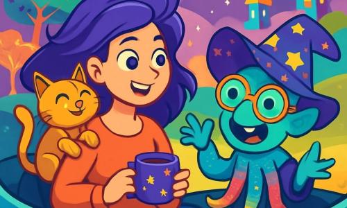 O femeie, Steleara, stă în nava ei spațială, „Nebuloasa Râzătoare”, cu părul violet fluturând și ochii strălucind de curiozitate. Zâmbește cu uimire, ținând o ceașcă de ceai galactic, în timp ce un motan robotic auriu se odihnește pe umărul ei. Lângă ea, un pitic cu tentacule colorate, purtând o pălărie mare înstelată și ochelari uriași, râde vesel, iar ochii lui rotunzi strălucesc de șotii. El stă în picioare, gesticulând entuziast, pregătit să-i arate minunile planetei. Nava este înconjurată de o planetă magică, unde copacii dansatori cu frunze strălucitoare se leagănă sub un cer violet presărat cu stele. Clădiri flotante în culori vii se ridică în jurul lor, creând o atmosferă feerică și ludică. Situația principală arată cum Steleara și piticul descoperă o lume fantastică, unde magia și tehnologia se îmbină, pregătindu-se să exploreze minunile Planetei Magilor Nebuni.