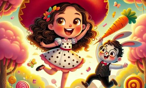 Una niña de 7 años, Clara, con largos cabellos rizados y ojos llenos de curiosidad, lleva un vestido colorido con lunares. Ríe a carcajadas, con los brazos en alto, mientras flota en el aire sobre un sombrero rojo brillante, rodeada de una suave luz dorada. A su lado, un pequeño conejo llamado Don Conejo, de 5 años, usa gafas redondas y un chaleco a rayas. Salta alegremente, con una gran sonrisa, sosteniendo una zanahoria en el aire. El escenario es un mundo fantástico donde los árboles son de algodón de azúcar rosa y las nubes parecen malvaviscos esponjosos. Dulces coloridos cuelgan de las ramas, y un camino de caramelo serpentea por el paisaje. La situación principal muestra a Clara y Don Conejo en pleno vuelo, Clara riendo de alegría mientras se elevan sobre un bosque de caramelos, listos para participar en la Gran Carrera de Caramelo.