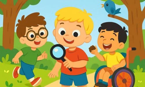 Es gibt vier Kinder: Max, ein 7-jähriger Junge mit blonden Haaren und funkelnden Augen, trägt ein rotes T-Shirt und eine blaue Shorts. Er steht in der Mitte, lächelt und hält eine Lupe in der Hand. Tim, ein 6-jähriger Junge mit zerzausten braunen Haaren und Brille, trägt ein grünes T-Shirt und kurze Hosen. Er steht links von Max und läuft begeistert auf einen Fußabdruck zu. Ben, ein 7-jähriger Junge mit braunen Haaren und einem breiten Lächeln, trägt ein gelbes T-Shirt und eine orange Shorts. Er steht rechts von Max, lacht fröhlich und hält eine kleine Nuss. Leo, ein 8-jähriger Junge mit schwarzen Haaren und einem neugierigen Blick, sitzt in einem bunten Rollstuhl hinter Max und beobachtet aufmerksam einen kleinen Vogel auf einem Ast. Die Szene spielt in einem grünen Park mit majestätischen Bäumen und bunten Blumen. Ein Weg schlängelt sich durch den Park, und der Himmel ist klar und blau, mit ein paar fluffigen weißen Wolken. Die vier Freunde untersuchen aufmerksam geheimnisvolle Spuren auf dem Boden. Max hält seine Lupe, Tim macht einen schnellen Schritt, Ben lacht und zeigt auf eine Nuss, und Leo schaut zum Himmel auf der Suche nach Hinweisen. Die Stimmung ist fröhlich und abenteuerlich, mit Lachen und neugierigen Ausdrücken auf ihren Gesichtern.
