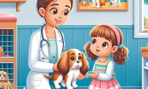 In een lichte en uitnodigende dierenkliniek is dierenarts dokter Lisa, een vrouw van een dertig jaar met kastanjebruin haar in een knot, gekleed in een witte jas en met een warme glimlach. Ze verzorgt een kleine hond met grote oren, die ze voorzichtig in haar armen houdt terwijl ze hem geruststelt met een zachte stem. Naast haar kijkt Emma, een 8-jarig meisje met krullend blond haar en een kleurrijke jurk, vol verwondering toe. Ze knielt op de grond, met glinsterende ogen van nieuwsgierigheid, klaar om te helpen met een traktatie voor de hond. De kliniek is versierd in pastelkleuren, met dierenposters aan de muren, verspreide speeltjes en comfortabele kooien voor de dieren. Een groot raam laat zonlicht binnen, dat de kamer verlicht. De belangrijkste situatie toont dokter Lisa die de kleine hond kalmeert, terwijl Emma, vol enthousiasme, zich voorbereidt om hem een traktatie te geven, wat een sfeer van tederheid en zorg tussen de personages creëert.