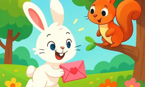 Un pequeño conejo blanco llamado Coco, con grandes orejas y ojos chispeantes de curiosidad, salta alegremente en un parque soleado, sosteniendo una carta rosa brillante en sus pequeñas patas. Tiene una sonrisa radiante y parece emocionado, rodeado de flores coloridas que bailan al viento. Cerca, Lila, una adorable ardilla de pelaje rojizo y cola esponjosa, observa a Coco con asombro, sus ojos brillantes de sorpresa. Está posada en una rama, lista para ayudarlo en su búsqueda. El parque está lleno de vegetación exuberante, con árboles majestuosos, un cielo azul brillante y un tapiz de flores multicolores que se extiende hasta donde alcanza la vista. Rayos de sol filtran a través de las hojas, creando un ambiente cálido y alegre. Coco, el conejo, está descubriendo una carta misteriosa, listo para organizar una búsqueda del tesoro para encontrar al destinatario de esta carta de amor, rodeado de sus amigos animales que se acercan con curiosidad y entusiasmo.