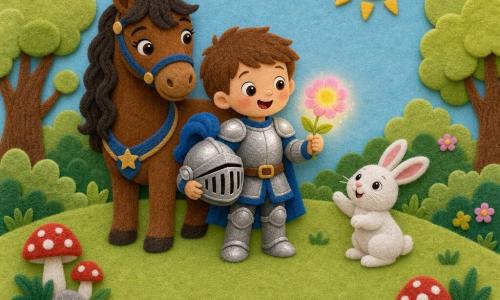 Un pequeño caballero llamado Leo, de unos 6 años, con armadura plateada de bordes azules y casco bajo el brazo, sonriente y maravillado, sostiene delicadamente una flor mágica luminosa de pétalos rosados y amarillos; detrás, una yegua llamada Estrella, de pelaje alazán brillante y crin ondulada, está tranquila y protectora; a la derecha, un conejito blanco de nariz rosa muestra la flor mientras salta ligeramente; escena en un claro de un bosquecillo con hierba tupida, algunos hongos rojos, árboles de troncos marrones y hojas verdes claras, cielo pastel y gran sol amarillo; estilo visual de fieltro recortado, colores planos y textura de tejido, contornos simples y redondeados, siluetas legibles para niños pequeños, luz cálida, ambiente alegre y seguro, composición centrada con espacio vacío alrededor para stickers y texto.