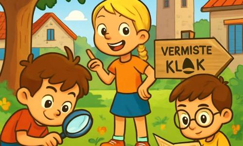 Een 6-jarig jongetje, Sam, met rommelig bruin haar en nieuwsgierige ogen, houdt een klein vergrootglas vast en kijkt aandachtig naar een steen op de grond, met een geconcentreerde en enthousiaste uitdrukking. Naast hem wijst zijn beste vriendin Noor, een 6-jarig meisje met gevlochten blond haar en een grote glimlach, naar een houten bord dat de locatie van de verdwenen klok aangeeft. Daan, een 6-jarig jongetje met kastanjebruin haar en ronde bril, bestudeert een kaart van het dorp, zittend op het groene gras, met een vastberaden blik op zijn gezicht. De plek is een pittoresk oud dorp met stenen huizen met kleurrijke luiken, een grote majestueuze boom met een uitnodigende schaduw, en een oude bakstenen toren in het midden, omringd door schitterende wilde bloemen. De hoofdscene toont Sam en zijn vrienden die op onderzoek zijn, op zoek naar aanwijzingen om de verdwenen klok te vinden, omgeven door een sfeer van avontuur en mysterie, met zonnestralen die door de bladeren van de bomen filteren.