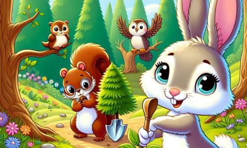 Ein kleiner Hase mit großen Ohren und weichem Fell, dessen Augen vor Entschlossenheit funkeln, steht auf seinen Hinterbeinen und hält eine kleine Holzschaufel. Er hat ein begeistertes Lächeln im Gesicht, bereit, einen jungen Baum in die fruchtbare Erde zu pflanzen. Neben ihm hält ein fröhliches Eichhörnchen mit braunem Fell und buschigem Schwanz eine kleine Nuss, die es begraben möchte, um einen neuen Baum wachsen zu lassen. Etwas weiter entfernt beobachtet eine weise Eule mit grauen Federn und großen runden Augen stolz die Szene, auf einem Ast sitzend und bereit, Ratschläge zu geben. Die Szene spielt sich auf einer sonnigen Lichtung ab, umgeben von großen, grünen Bäumen und bunten Blumen, die im Wind tanzen. Der Boden ist mit Blättern und kleinen Steinen bedeckt, und ein glitzernder Bach in der Nähe bringt Frische in die Umgebung. In dieser Hauptsituation arbeiten der Hase und seine Freunde begeistert zusammen, um Bäume zu pflanzen, was ihr Engagement symbolisiert, ihren Wald zu schützen und gegen den Klimawandel zu kämpfen.