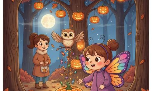 Bambina di 4 anni dal viso rotondo e guance rosate, occhi grandi e brillanti e sorriso meravigliato, vestita con un costume da farfalla con ali multicolori scintillanti, sfiora una grande zucca arancione illuminata; la madre adulta, capelli castani raccolti, cappotto caldo e sguardo tenero, è a pochi passi dietro con un piccolo sacchetto di dolci, illuminata dalla luna; un piccolo gufo dagli occhi dorati e piumaggio beige e marrone è appollaiato su un ramo sopra la zucca con le ali socchiuse a proteggere la bambina; sentiero forestale notturno con foglie rugginose, alberi alti, leggera foschia e luna piena, molte zucche luminose appese e incastonate in un grande albero con luci calde gialle; la bambina scopre un albero magico pieno di zucche luminose e, toccandone una, inizia a piovere caramelle colorate, il gufo veglia e la madre sorride in un'atmosfera dolce, fiabesca e rassicurante.