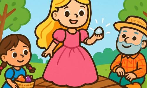 Una princesa llamada Estela, con largos cabellos dorados y un vestido rosa brillante, se encuentra en el centro de un viejo puente de madera. Su rostro irradia determinación y dulzura, y sus ojos brillan de emoción. Sostiene una pequeña piedra brillante en su mano, lista para ayudar a reparar el puente. A su derecha, un abuelo con sombrero de paja, cabello gris y barba bien cuidada, observa con una sonrisa amable. Lleva una camisa de cuadros y pantalones de tela, y está sentado en la hierba, rodeado de frutas coloridas. A su izquierda, una niña con trenzas, vestido azul y ojos chispeantes, sostiene una canasta de frutas. Mira a Estela con admiración, lista para compartir su cosecha. El escenario es un paisaje encantador, con un cielo azul claro salpicado de nubes blancas esponjosas. El puente, antiguo y desgastado, está rodeado de árboles de hojas verdes vibrantes y flores multicolores que bailan con el viento. La escena principal muestra a Estela, la princesa, reparando el puente con palabras suaves, mientras el abuelo y la niña la animan, creando una atmósfera de cooperación y respeto.